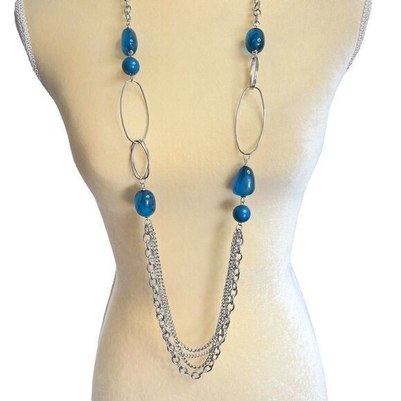 Statement Silver Tone chain Bead Blue Necklace 45 in + 2.5 in Ext. - Picture 2 of 10